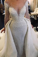 Ivory Long Sleeves Despatchable Train V-neck Button Wedding Dress with Fully coverd Pearls-misshow.com