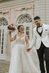 Ivory Sleeveless Straps A-Line Wedding Dress with Chapel Train-misshow.com