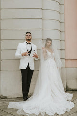 Ivory Sleeveless Straps A-Line Wedding Dress with Chapel Train-misshow.com