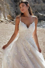 Ivory Spaghetti Straps Floor Length A-Line Wedding Dress-misshow.com