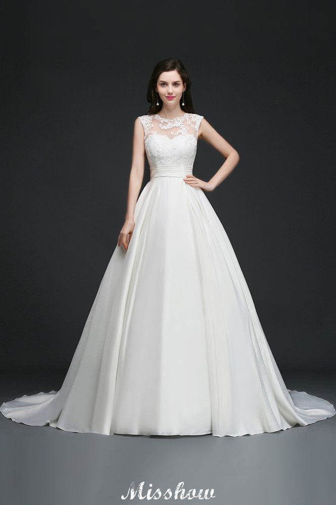 This elegant Jewel Satin wedding dress with Lace could be custom made in plus size for curvy women. Plus size Sleeveless A-line bridal gowns are classic yet cheap.