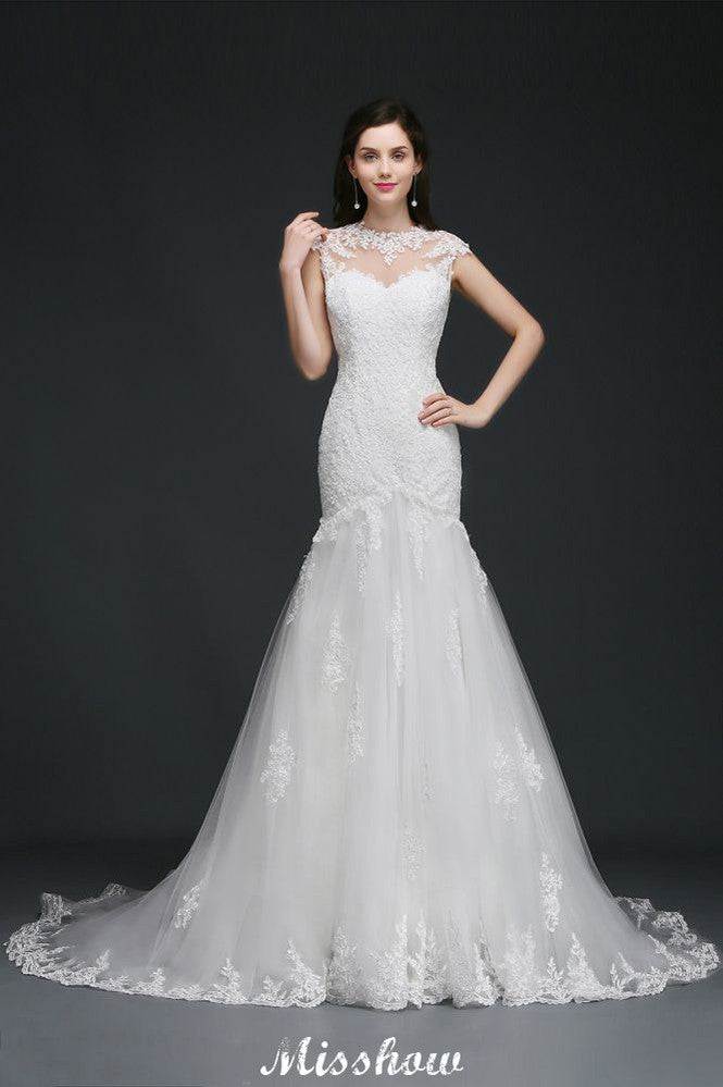 This elegant Jewel Tulle wedding dress with Lace could be custom made in plus size for curvy women. Plus size Sleeveless Mermaid bridal gowns are classic yet cheap.