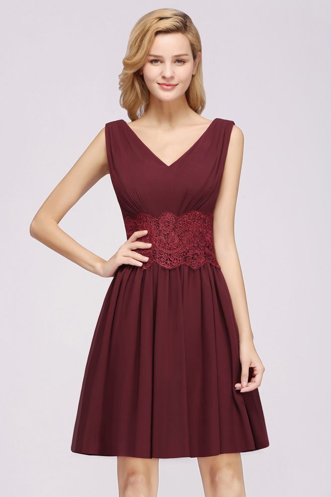 MISSHOW offers Lace V-Neck Sleeveless Mini Bridesmaid Dresses A-line Chiffon Homecoming Dress at a good price from Misshow