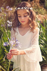 Long A-line Lace V-neck Floor Length Flower Girl Dress with Sleeves-misshow.com