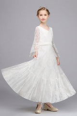 Long A-line Lace V-neck Floor Length Flower Girl Dress with Sleeves-misshow.com