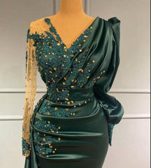 Long Dark Green Elegant Mermaid Prom Dresses with Sleeves-misshow.com