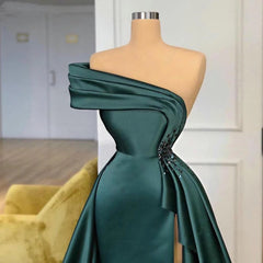 Long Dark Green Satin Prom Dresses Elegant Split Evening Gowns-misshow.com