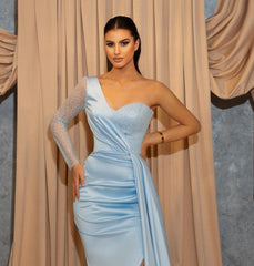 Long Sky Blue One Shoulder Glitter Slit Mermaid Prom Dresses-misshow.com