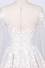 Long Sleeve Appliques Tulle A-line Wedding Dress-misshow.com