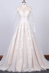 Long Sleeve Appliques Tulle A-line Wedding Dress-misshow.com