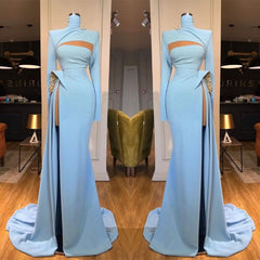 Long Sleeves High Neck Mermaid Prom Dress Long With Slit-misshow.com