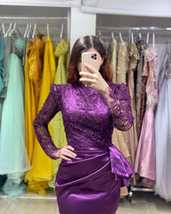 Long Sleeves Purple Mermaid Evening Gown with Soft Floral LAce Appliques-misshow.com