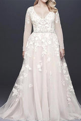 Long Sleeves V-Neck s Belt Wedding Dress-misshow.com