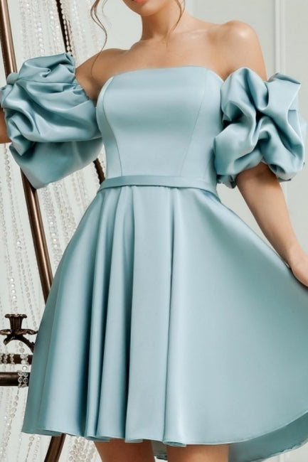 Lovely Short A-line Blue Off-the-shoulder Satin Homecoming Dresses