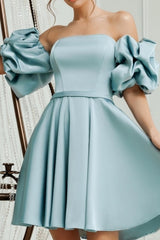 Lovely Short A-line Blue Off-the-shoulder Satin Homecoming Dresses