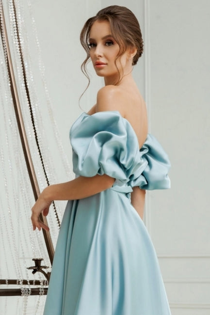 Lovely Short A-line Blue Off-the-shoulder Satin Homecoming Dresses