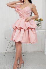 Lovely Short Pink Spaghetti Straps Ruffles Satin Homecoming Dresses