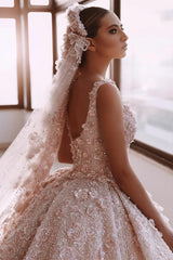 Luxurious A-line Appliques Princess Wedding Dresses With Detachable Train-misshow.com