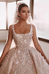 Luxurious A-line Appliques Princess Wedding Dresses With Detachable Train-misshow.com