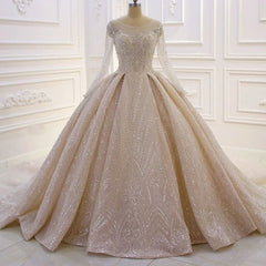 Luxurious A-line Lace Sequined Wedding Dress With Long Sleeves-misshow.com