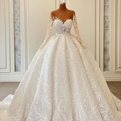 Luxurious A-line Long Sleeve Lace Ball Gown Princess Wedding Dresses-misshow.com