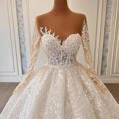 Luxurious A-line Long Sleeve Lace Ball Gown Princess Wedding Dresses-misshow.com