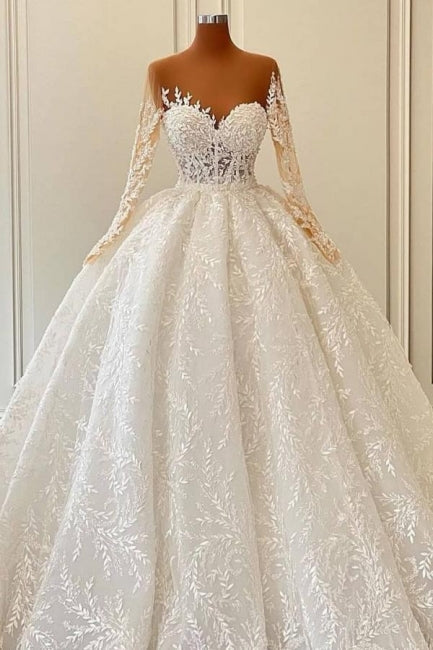 Luxurious A-line Long Sleeve Lace Ball Gown Princess Wedding Dresses-misshow.com