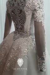 Luxurious A-line Long Sleeves Beading Wedding Dress With Train-misshow.com