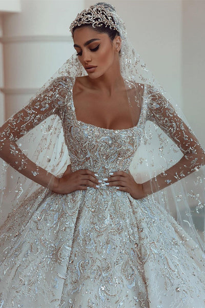 Luxurious A-line Long Sleeves Lace Wedding Dress With Train – misshow.com