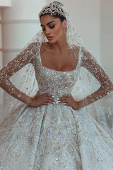 Luxurious A-line Long Sleeves Lace Wedding Dress With Train-misshow.com