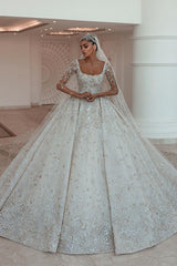 Luxurious A-line Long Sleeves Lace Wedding Dress With Train-misshow.com