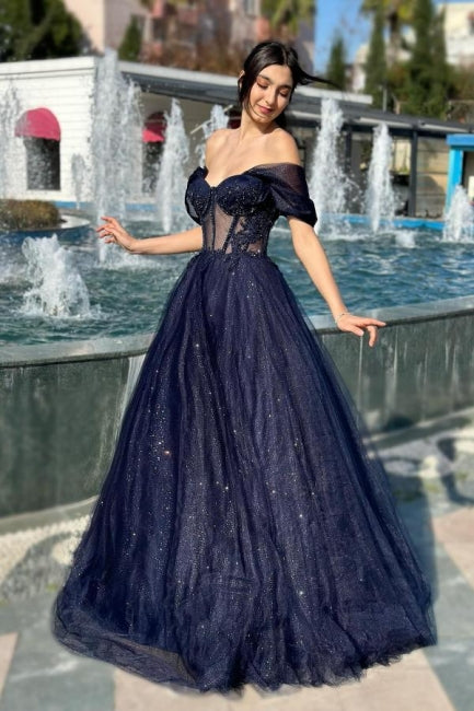 Luxurious A-Line Tulle Off-The-Shoulder Sleeveless Prom Dress With Appliques