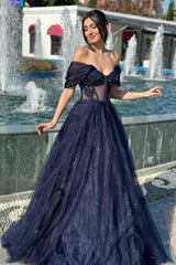 Luxurious A-Line Tulle Off-The-Shoulder Sleeveless Prom Dress With Appliques