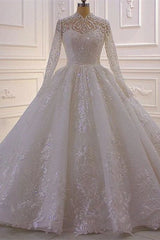 Luxurious High Neck A-line Lace Sequined Wedding Dress With Long Sleeves-misshow.com