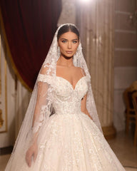 Luxurious Long A-line Off-the-shoulder Lace Beading Wedding Dress