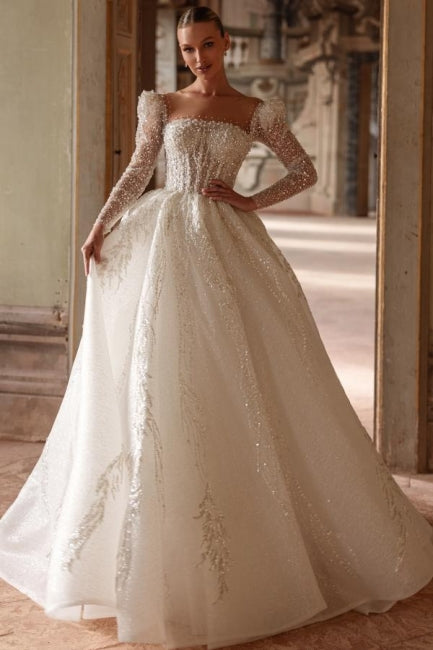 Luxurious Long Ivory A-line Square Neck Lace Beading Wedding Dress with Long Sleeves