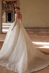 Luxurious Long Ivory A-line Square Neck Lace Beading Wedding Dress with Long Sleeves