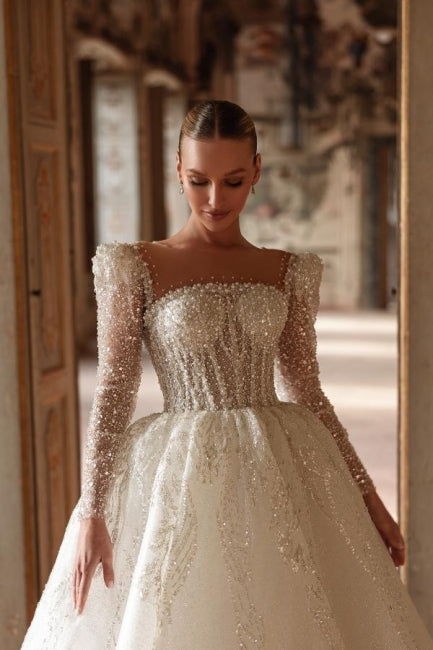 Luxurious Long Ivory A-line Square Neck Lace Beading Wedding Dress with Long Sleeves