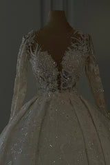 Luxurious Long Ivory A-line V-neck Lace Long Sleeves Wedding Dress with Glitter