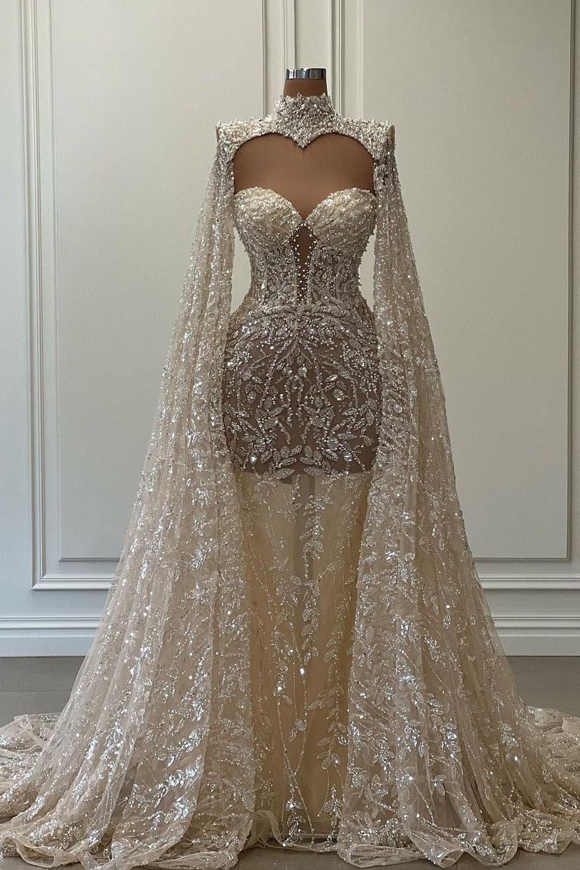 Luxurious Long Mermaid High Neck Glitter Lace Prom Dress With Sleeves