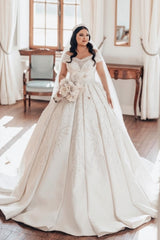 Luxurious Long White Off-the-shoulder A-line Satin Wedding Dress with Lace