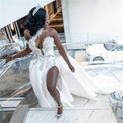 Luxurious Long White One Shoulder Sleeveless Jewel Wedding Dress With Detachable Train-misshow.com