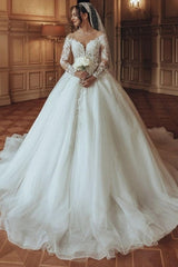 Luxurious Long White Scoop Neck A-line Tulle Lace Wedding Dress with Long Sleeves