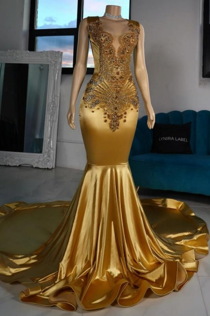 Luxurious Mermaid Satin V-Neck Sleeveless Yellow Prom Dresses With Beading