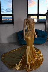 Luxurious Mermaid Satin V-Neck Sleeveless Yellow Prom Dresses With Beading