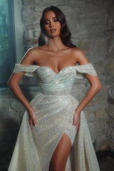 Luxurious off-the-shoulder Sleeveless A-Line Glitter Wedding Dresses With Split-misshow.com