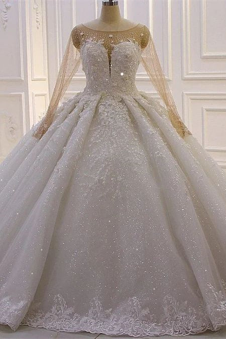 Luxurious Princess A-line Long Sleeves Flowers Lace Wedding Dress-misshow.com