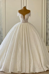 Luxurious Princess Off-the-shoulder V-neck A-line Wedding Dresses With Glitter-misshow.com