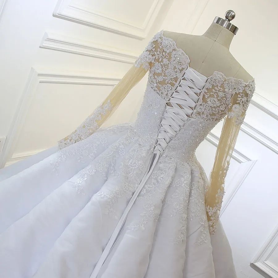 Luxurious Princess White A-line Long Sleeves Lace Wedding Dress-misshow.com