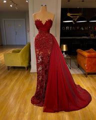 luxury Burgundy Detachable Train Mermaid Prom Dress with Lace-misshow.com